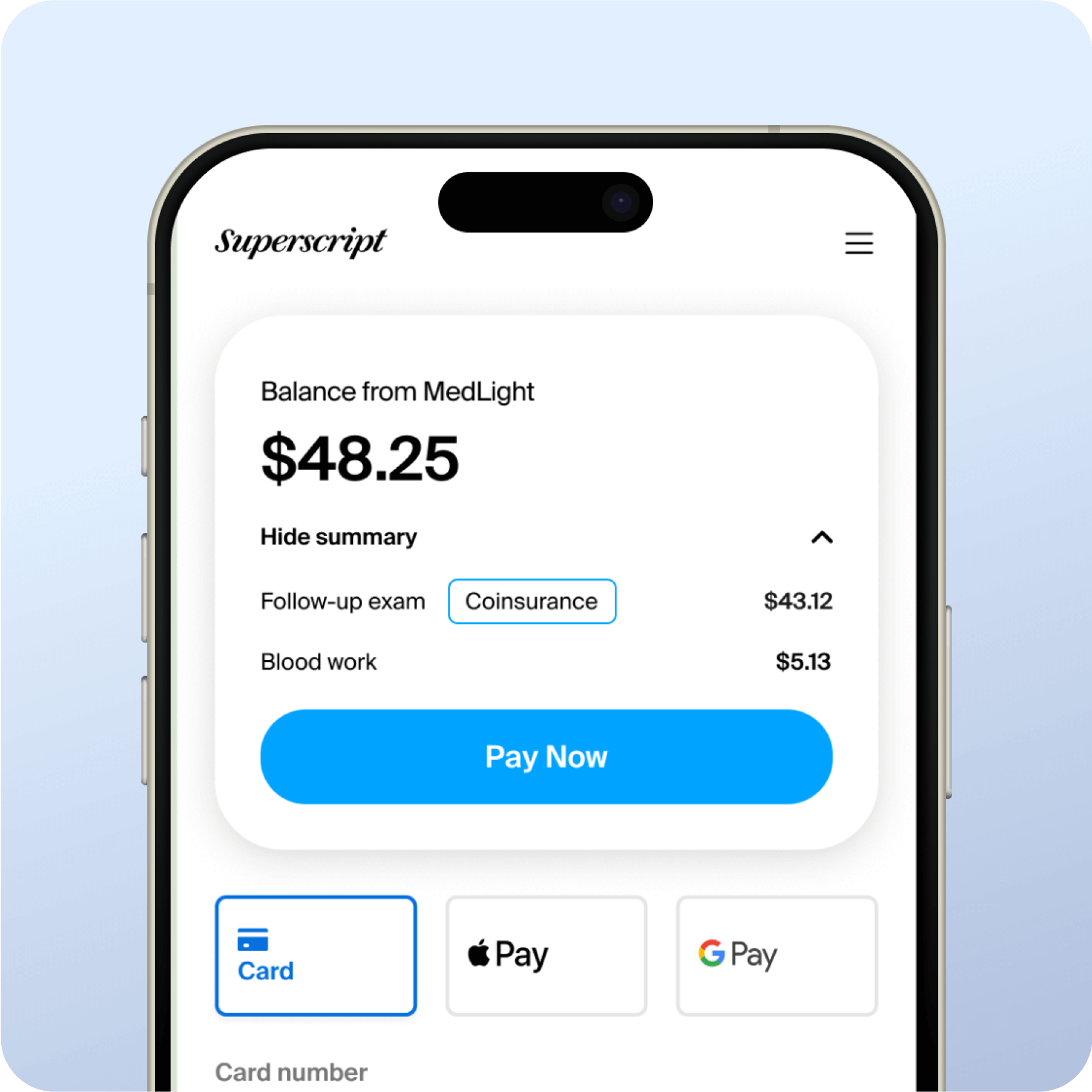 An iPhone showing the patient experience of paying seamlessly with Superscript.